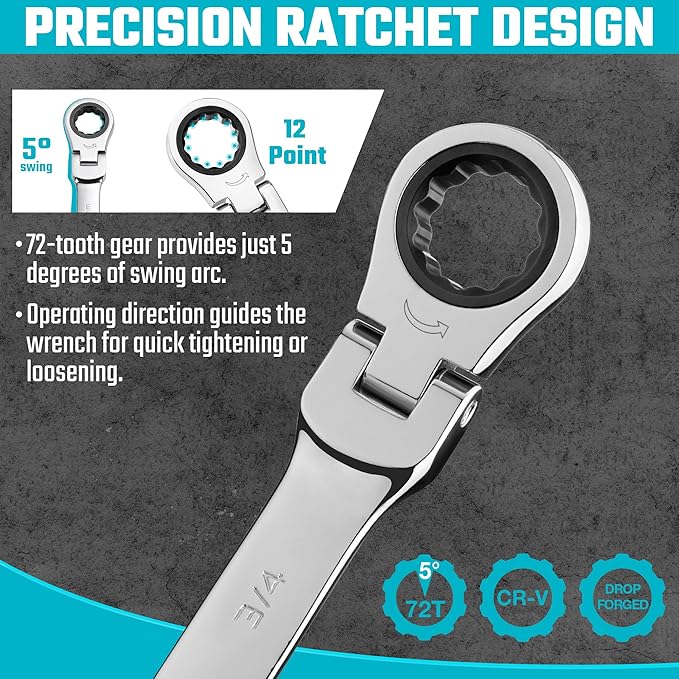 DURATECH Flex Head Ratcheting Wrench Set, Combination Wrench Set, 22-piece, Metric & SAE, 1/4" to 3/4" & 6-18mm, CR-V Steel, Mirror Polished, with Pouch