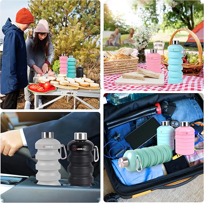 JaneJu Collapsible Water Bottle, 32oz BPA Free Silicone Reusable Portable Lightweight Foldable Water Bottles with Carabiner, Leak Proof Sports Water Bottle with Stainless Twist Cap (Pink)