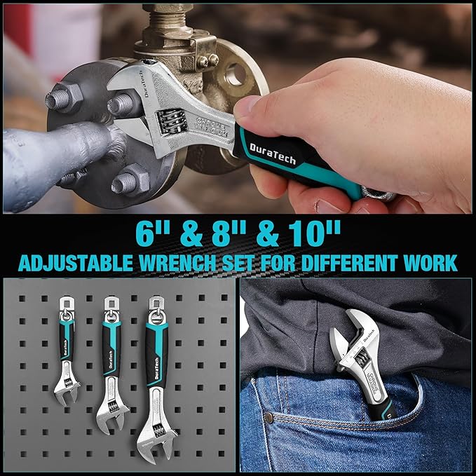 DURATECH 3-piece Adjustable Wrench Set, 6-Inch& 8-Inch& 10-Inch Wrenches, Wide Jaw Wrench, Metric & SAE Scales, Cr-V Steel, for Home, Garage, Workshop