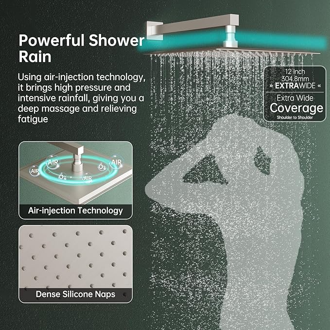 Hoimpro12 Inch Rain Shower System, High Pressure Shower Heads and Handheld 2-Spray Combo Set Slide Bar Shower Faucets Sets Complete Included Valve and Trim Kit for Bathroom, Brushed Nickel