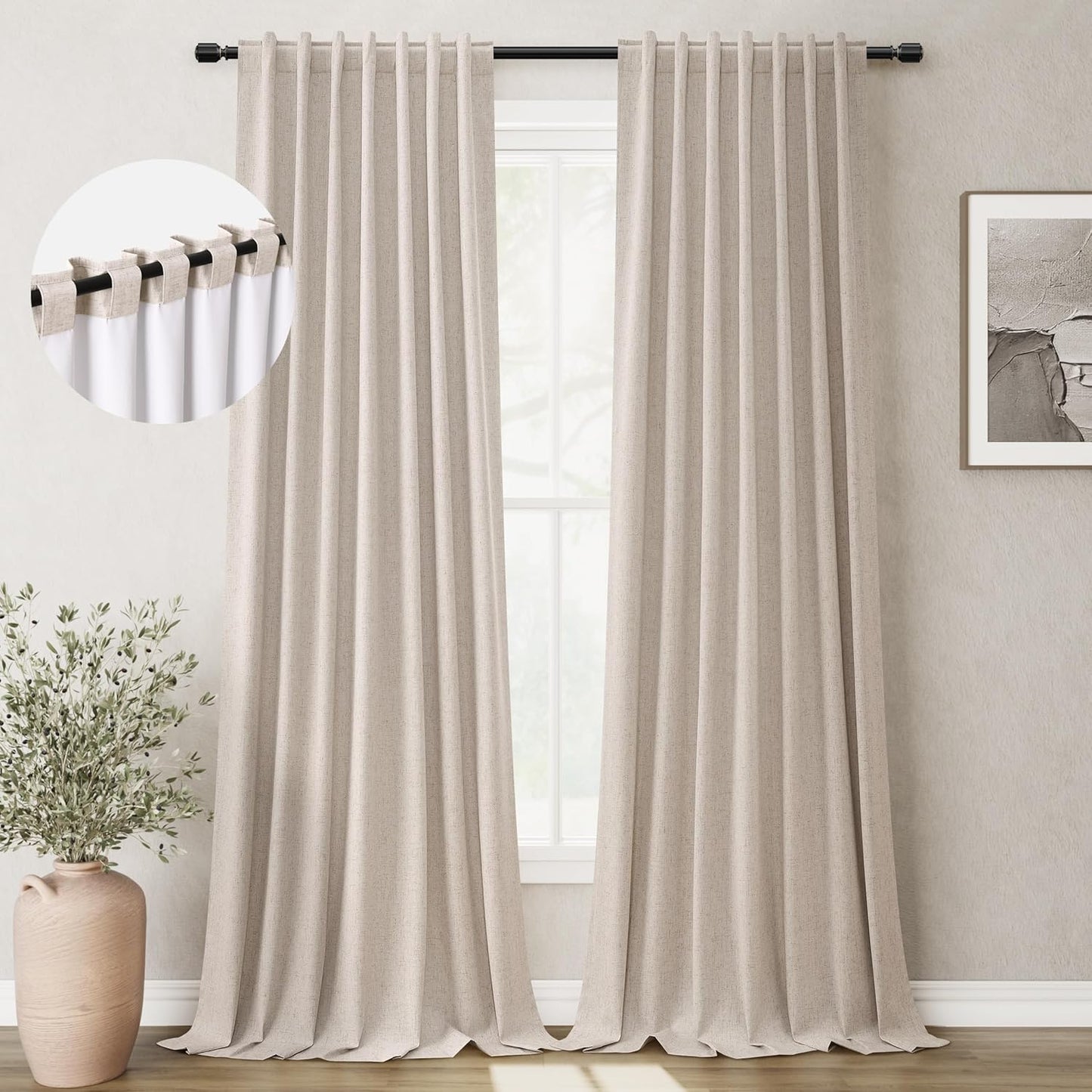 BOODII Oatmeal Linen 102 Inch Curtains Light Blocking Thermal Insulated Window Drapes for Living Room 100% Blackout Room Darkening Curtains Back Tab Loop Pocket Pleated Curtain for Bedroom Nursery
