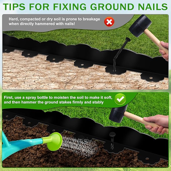 Landscape Edging Border 4 in Tall 33FT No Dig Garden Edging Borders with 50pcs Spikes Plastic Lawn Edging for Yard, Pathway and Flower Beds Fence, Black