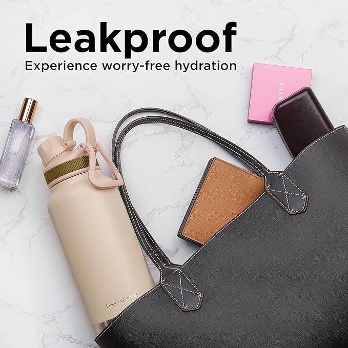 ThermoProof Double-Walled Vacuum Insulated Stainless Steel Water Bottle - Wide Mouth Canteen with Spout & Straw Lids, Dishwasher Safe, Reusable, Leakproof, BPA-Free - 32oz, Taupe