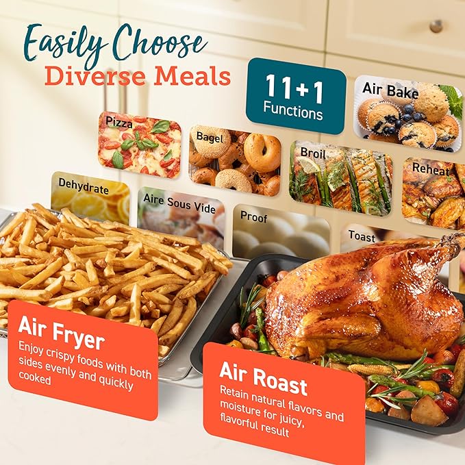 COSORI Ceramic Air Fryer Toaster Oven Combo, 11-in-1 Flat-Sealed Heating Elements for Easy Cleanup, Innovative Burner Function, 6 Accessories & Recipes, 26QT, Silver, Stainless Steel