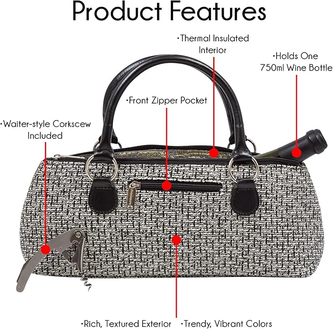 Wine Clutch Bag (Thermal Insulated) Trendy Women’s Carry Tote | Holds Red & White 750mL Bottles | Trendy Fashion | Incl. Portable Waiter-Style Corkscrew (Black Tweed)