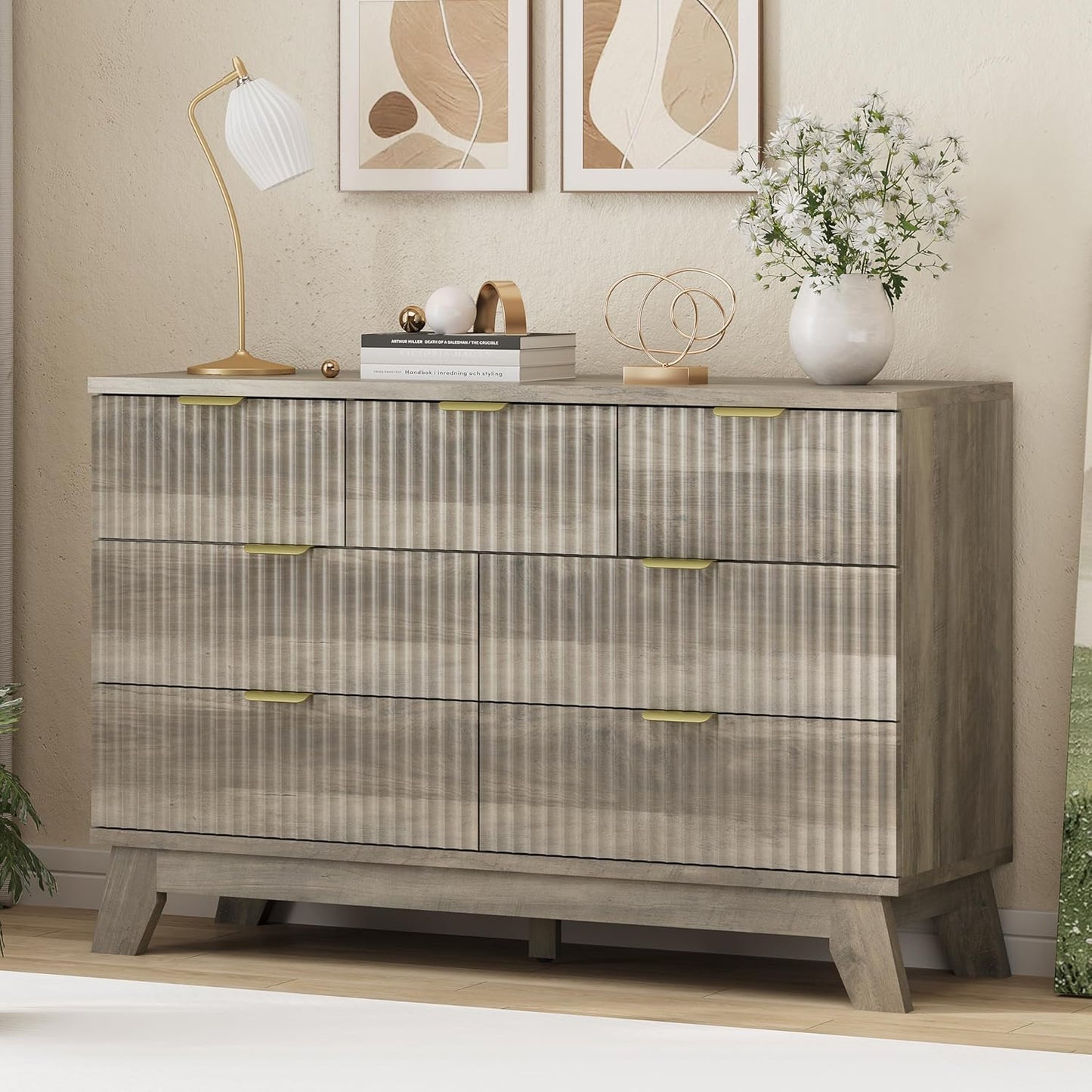 Fluted Dresser for Bedroom with 7 Drawers, 48" Wide Modern Chest of Drawers with Metal Handle, Wood Dresser TV Stand, Wooden Closet Clothes Storage Organizer for Living Room, Hallway, Grey