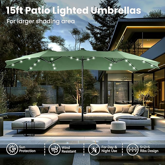 PHI VILLA 15ft Large Patio Umbrella with Solar Lights, Double-Sided Outdoor Market Rectangle Umbrellas with 36 LED Lights, Umbrella Base (Stand) Included, Mint Green