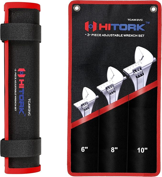 Hitork 3-Piece Adjustable Wrench Set 6-Inch, 8-Inch, 10-Inch, Chrome-Plated Cr-V Steel, Wide Opening Jaws, Laser Etched SAE & Metric Scale, Polished Head, Smooth Knurl, Roll Pouch Included