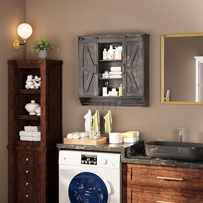 Farmhouse Medicine Cabinet 2 Sliding Barn Doors 3 Tier Rustic Wood Wall Storage Cabinet Adjustable Shelf Towel Bar Wall Mounted Bathroom Wall Cabinet