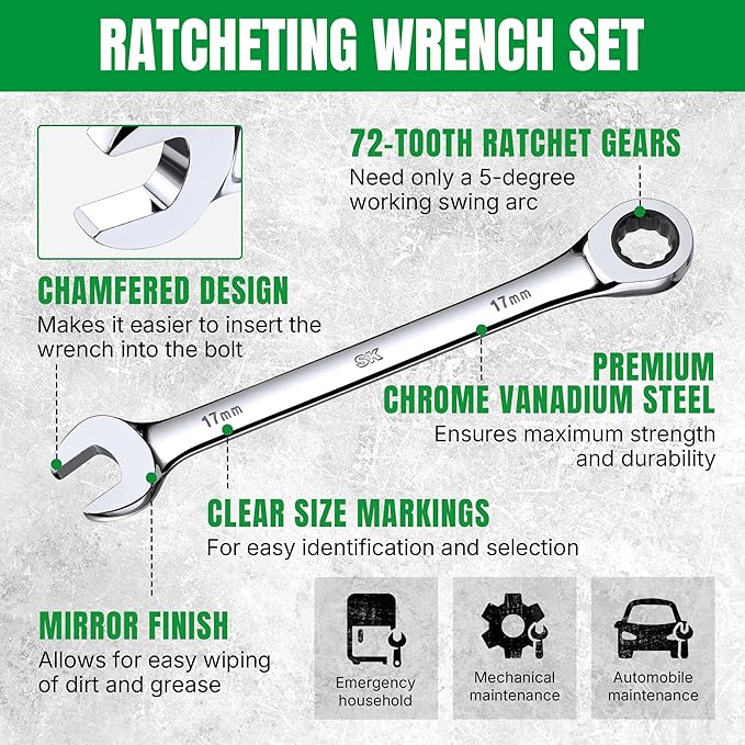 SK Ratcheting Wrench Set, Combination Wrench Set, 25-Piece, SAE 1/4" to 1", Metric 8 to 19mm, 72-Tooth, Premium CR-V Construction, with Rack Organizer