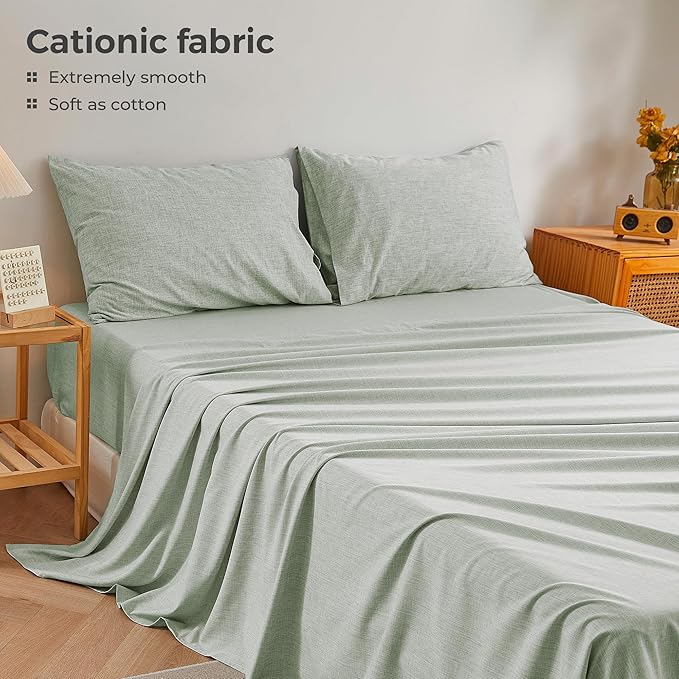 Full Sheets Sage Green, Ultral Soft Cationic Linen Look Sheets, Luxury Cooling Cozy Bed Sheet Set with Non-Slip Fitted Sheet