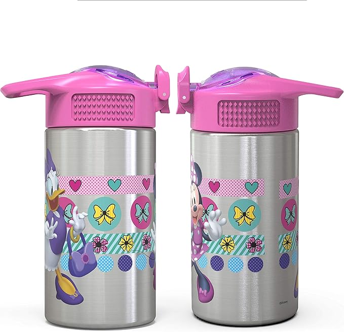 Zak Designs Disney Minnie’s Happy Helpers - Stainless Steel Water Bottle with One Hand Operation Action Lid and Built-in Carrying Loop, Kids Water Bottle with Straw Spout (15.5 oz, 18/8, BPA Free)