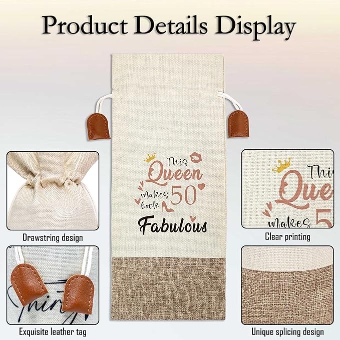 Funny 50th Birthday Wine Bag, Cotton Linen Wine Gift Bag With Drawstring, Wine Champagne Bottle Gift Bag, 50th Birthday Gifts Wine Bag for Woman Her Friend Sister, 50th Birthday Party Favors-26