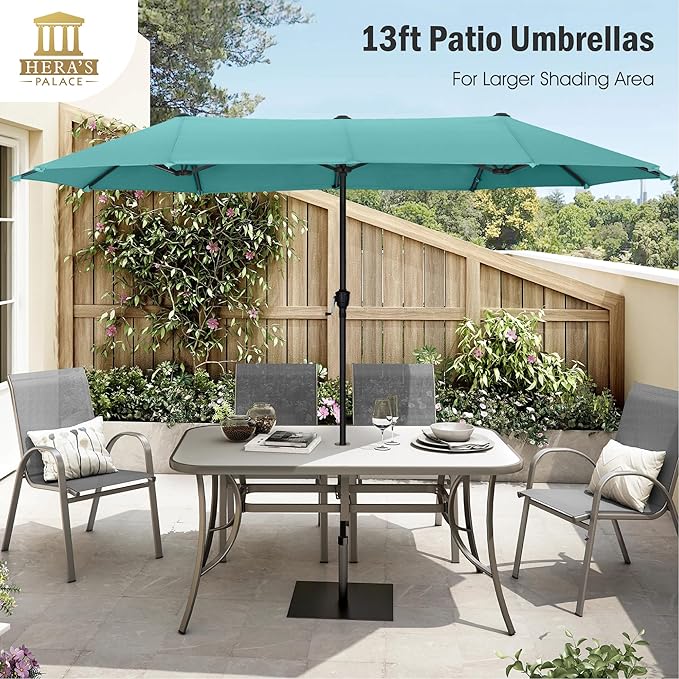 HERA'S PALACE 13 Ft Double-Sided Twin Patio Umbrella, Outdoor Double Sided Market Patio Umbrella with Crank, Powerful UV Protective (Turquoise)