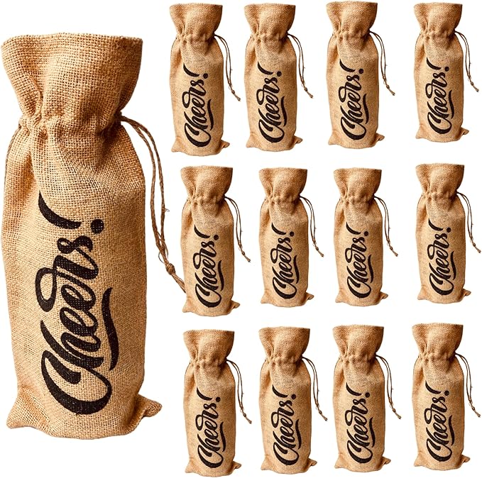 GUAAFA Bulap Wine Gift Bags with Window - 12 Pcs Natural Jute Wine bottle Carrier Bags for Birthday, Wedding, Anniversary, Party, Festival, Christmas Gift (12x Jute Wine Bags)