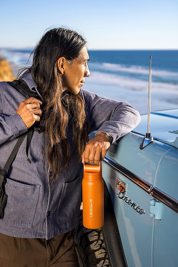 LifeStraw Go Series – Insulated Stainless Steel Water Filter Bottle for Travel and Everyday use removes Bacteria, parasites and microplastics, Improves Taste, 24oz Kyoto Orange