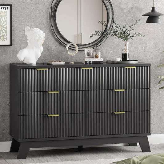 Fluted Dresser for Bedroom with 7 Drawers, 48" Wide Chest of Drawers with Metal Handle, Modern Wood Dresser TV Stand, Wooden Closet Clothes Storage Organizer for Living Room, Hallway, Black