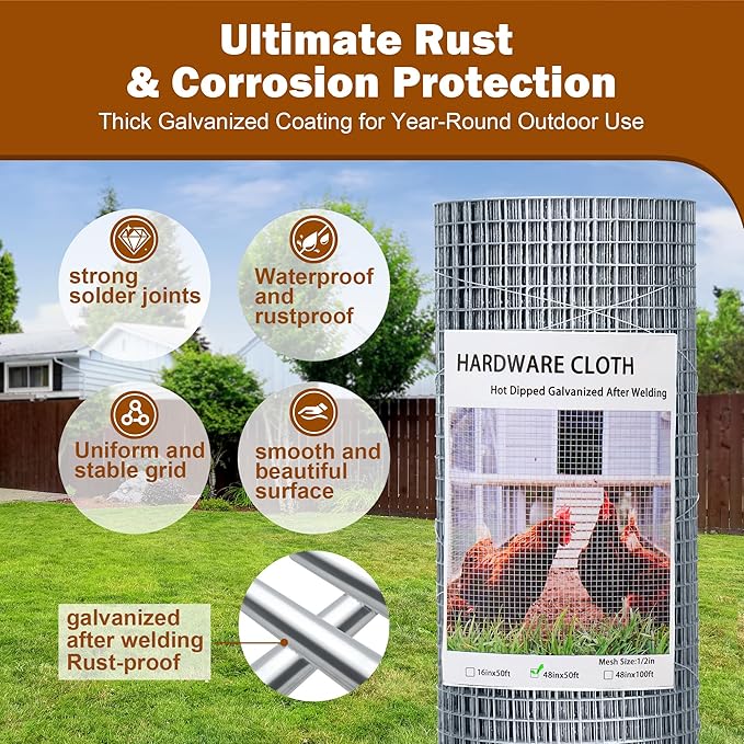 Chicken Wire Fencing Hardware Cloth 1/2 inch 19 Gauge Rust-Resistant Mesh Roll with Snips/Gloves for Chicken Coop/Vegetable/Garden/Plants/Poultry Enclosures/Tree/Gutter Guards 48 inch x 50 ft
