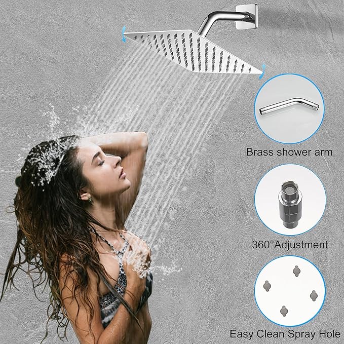 Chrome Shower System, 8 Inch High Pressure Rain Shower with Handheld, Wall Mount Shower Faucet Set for Bathroom, Rough-in Valve Body and Trim Included