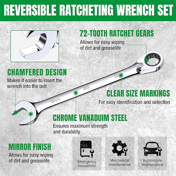 SK Reversible Ratcheting Wrench Set, Combination Wrench Set, 12-Piece, Metric 8-19 mm, 72-Tooth, Premium CR-V Construction, with Rack Organizer