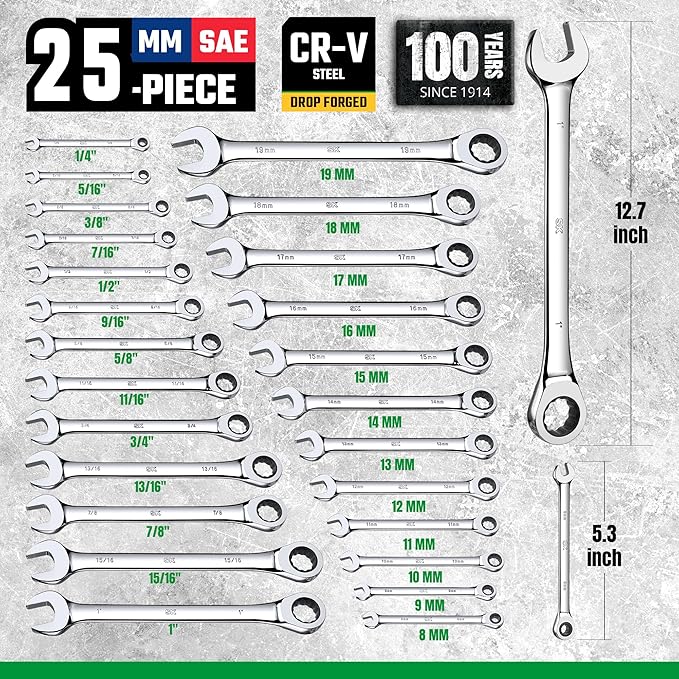 SK Ratcheting Wrench Set, Combination Wrench Set, 25-Piece, SAE 1/4" to 1", Metric 8 to 19mm, 72-Tooth, Premium CR-V Construction, with Rack Organizer
