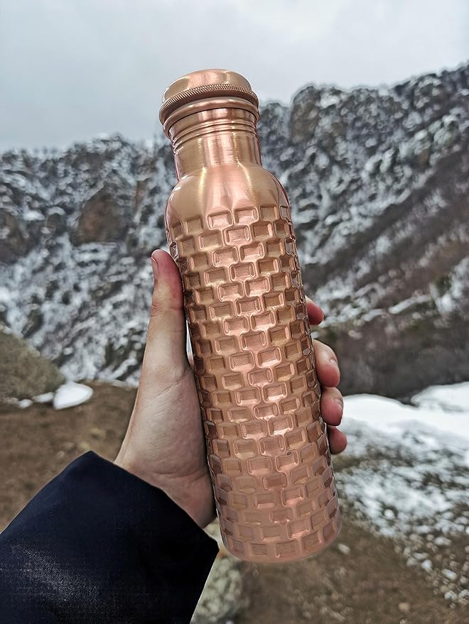 Handcrafted Pure Copper Drinking Water Bottle |Copper Water Bottle with Lid - Ayurvedic Copper Water Bottle with Copper Vessel - Drink More Water Bottle Bricks Designed -30 Oz