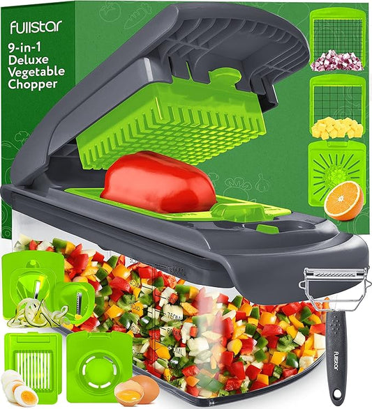 Fullstar Vegetable Chopper - Food Chopper - Onion Chopper - Vegetable Slicer & Spiralizer - Veggie Chopper with Container - Kitchen Gadgets - Home Essentials - Kitchen Accessories (9 in 1, Gray/Green)