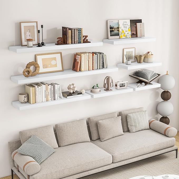 RICHFOCUS 36Inch Floating Shelves for Wall 2 Pack Shelves for Bedroom|Kitchen|Bathroom Wall Mounted Rustic Wood Floating Shelf with Invisible Brackets for Books|Storage|Decor, White