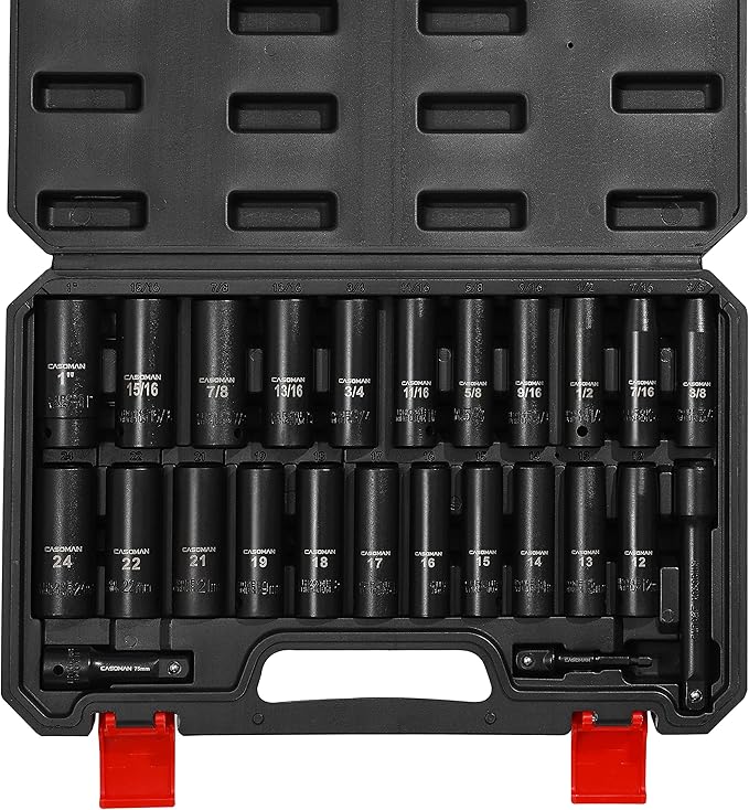 CASOMAN 25PCS 1/2" Drive Impact Socket Set, Deep, Cr-V Steel, 6 Point, Metric&SAE, 12mm to 24mm, 3/8 Inch to 1 Inch, Includes Extension Bars: 3-inch, 5-inch, 1/2-1/4 adapter