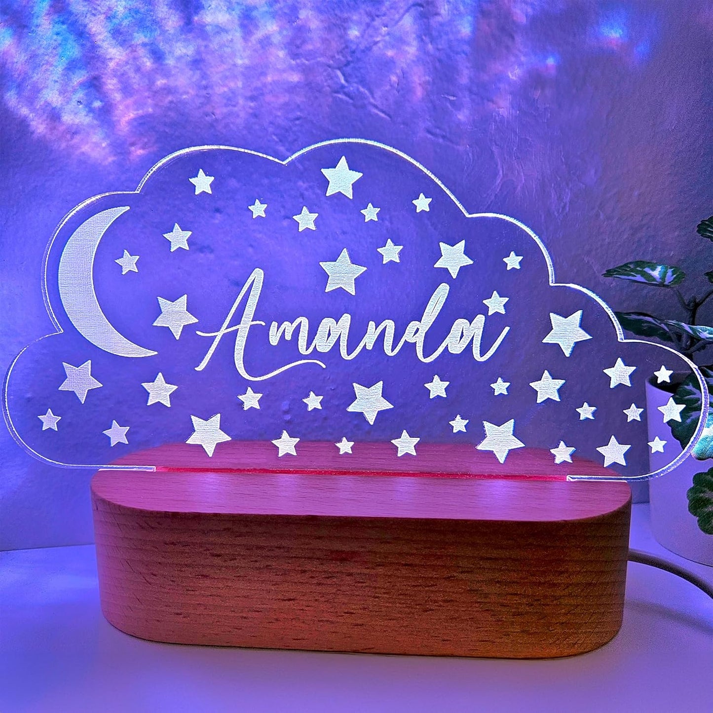 Personalized Night Light | Custom Nightlight for Kids | Nursery Baby Room Decor | Children's Bedroom Gift | LED colors | Stars Night Light (Stars and Moon)