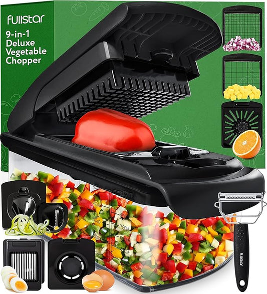 Fullstar Vegetable Chopper - Food Chopper - Onion Chopper - Vegetable Slicer & Spiralizer - Veggie Chopper with Container - Kitchen Gadgets - Home Essentials - Kitchen Accessories (9 in 1, Black)