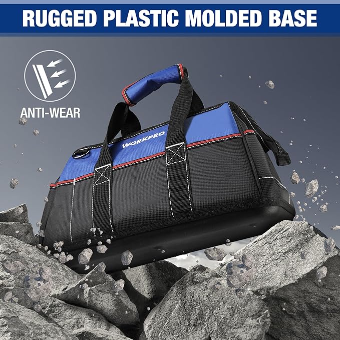 WORKPRO 16-inch Wide Mouth Tool Bag, Heavy Duty Cloth Tool Storage Bag with Water Proof Molded Base, Adjustable Shoulder Strap