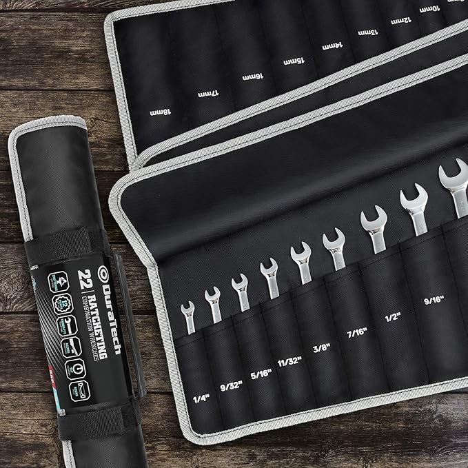 DURATECH Ratcheting Wrench Set, Combination Wrench Set, SAE & Metric, 22-piece, 1/4" to 3/4" & 6-18mm, CR-V Steel, with Pouch