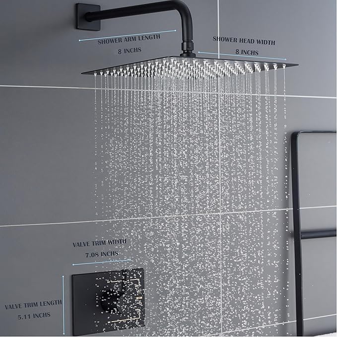 Black Shower Head and Handle Set, Shower Faucet Set with 8-Inch Rain Shower Head and Tub Spout, Single-Handle Shower Trim Kit（Valve Included)