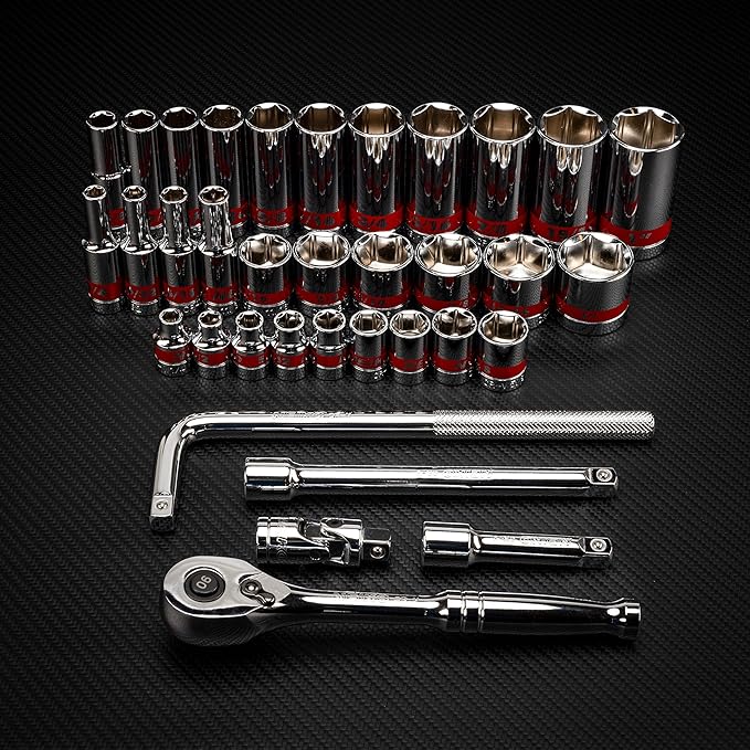 NEIKO 02511A 3/8” Drive Socket Set with Quick Release Ratchet (90 Tooth), 35 Piece Standard and Deep SAE Sizes, 1/4” to 1”, 6 Point, Universal Joint, 3/8” Extension Bars, Made with CR-V Steel