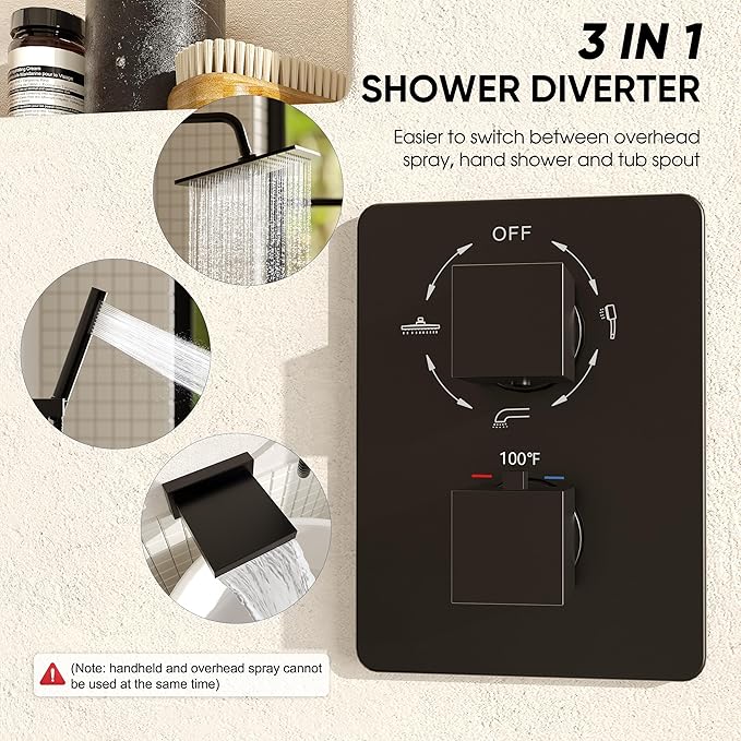 Esnbia Thermostatic Tub Shower Faucet Set, All Metal Tub System with 3 Way Valve, 10 Inch Rain Shower Head with Handheld Spray Combo,Matte Black