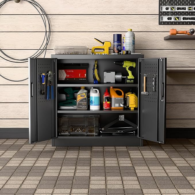 Metal Storage Cabinets with Pegboards and Hooks, 31.5" H Metal Garage Cabinets with Locking Doors and 2 Adjustable Shelves for Home,Office,Garage,School,Assembly Required,Black