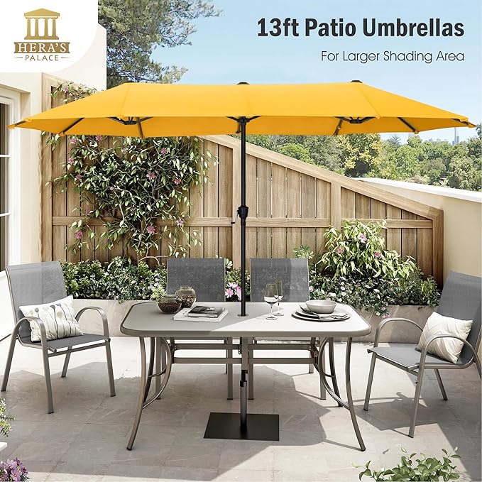 HERA'S PALACE 13 Ft Double-Sided Twin Patio Umbrella, Outdoor Double Sided Market Patio Umbrella with Crank, Powerful UV Protective (Gold Yellow)