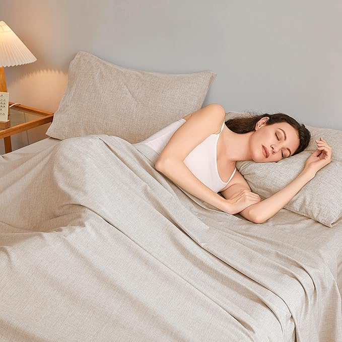 Full Sheets Brown, Ultral Soft Cationic Linen Look Sheets, Luxury Cooling Cozy Bed Sheet Set with Non-Slip Fitted Sheet