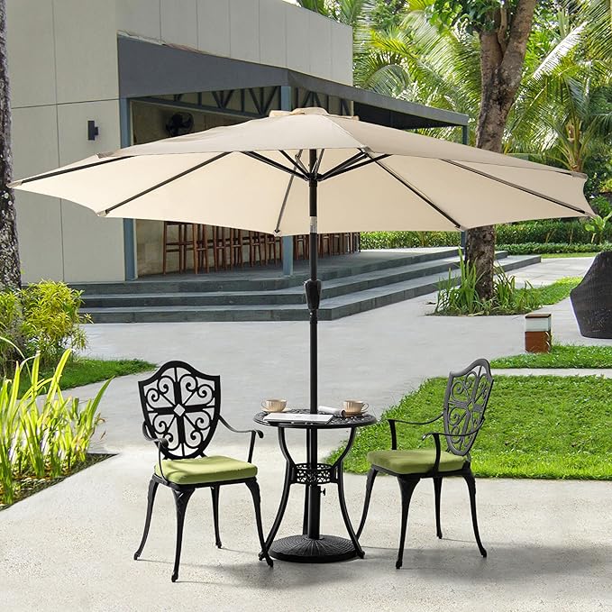 NUU GARDEN 3 Piece Outdoor Bistro Set Cast Aluminum Patio Set Bistro Table Set Rustproof Patio Table and Chairs with Umbrella Hole and Green Cushions for Backyard, Balcony, Porch, Black