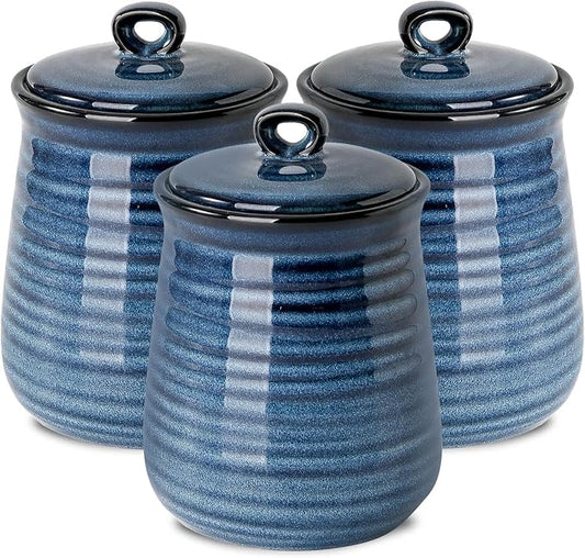 Hasense Kitchen Canisters Set with Airtight Lid for Countertop, 25 Ounce Ceramic Vintage Food Storage Jars Containers Set of 3 with Cover for Coffee, Sugar, Tea, Spice, Candy and Nut, Navy