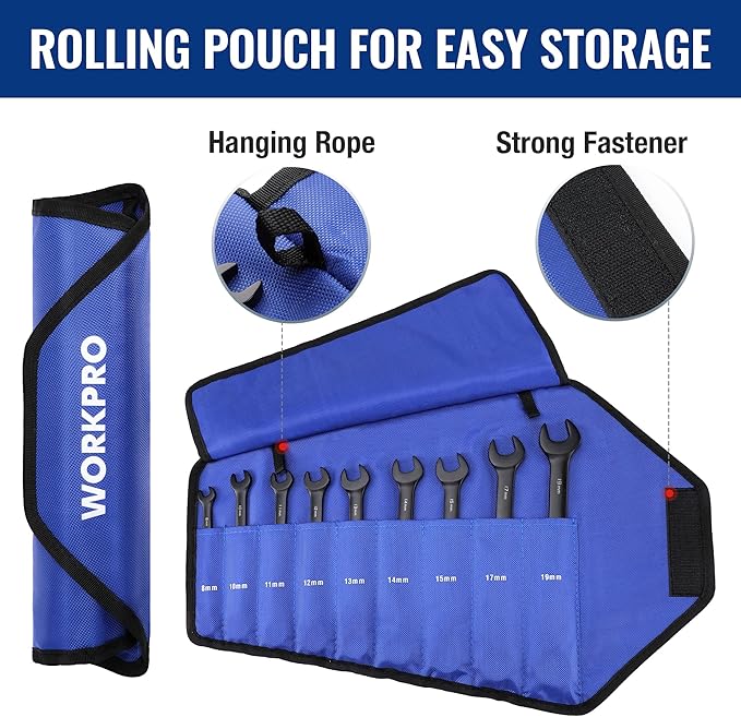 WORKPRO 9-Piece Anti-Slip Ratcheting Combination Wrench Set, Metric 8-19 mm, 72-Teeth, Cr-V Constructed, Black Ratchet Wrenches Set with Roll Up Pouch