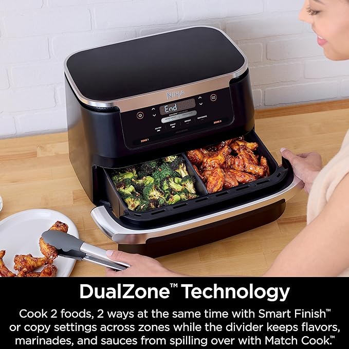Ninja DZ071 Foodi 6-in-1 FlexBasket Air Fryer with 7-QT MegaZone & Basket Divider for Large Proteins & Full Meals, Smart Finish Cook 2 Foods 2 Ways, Family Sized Capacity, Air Fry, Roast & More, Black