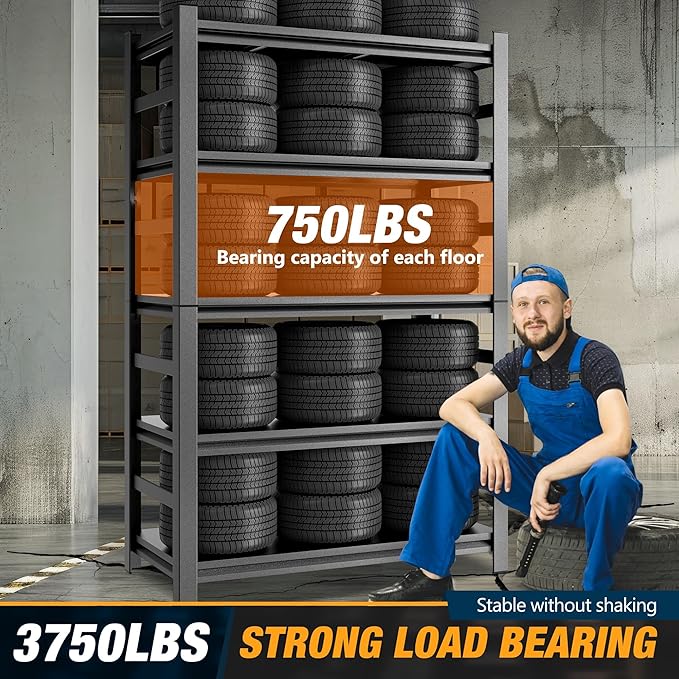 Heavy Duty Commercial Metal Garage Shelving Rack,Adjustable Industrial Steel Storage Shelves for Warehouse, Garage, Basement, 87" H x 47.2" W x 23.6" D, Black