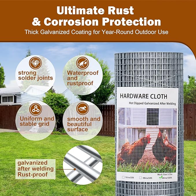 Hardware Cloth 1/2in 48in x100ft Hot Dip Galvanized Rust Resistant Welded Wire Mesh,Chicken Wire Fence Garden Plants Fencing,Chicken Coop Rabbit Poultry Critters Metal Cage Roll