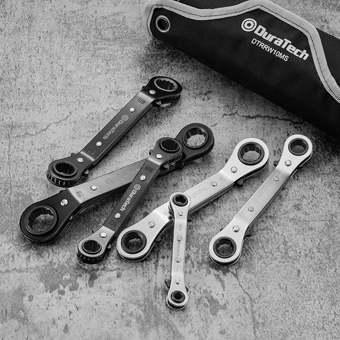 DURATECH 10-Piece Reversible Ratcheting Wrench Set, Offset Double Box End Wrench Set, SAE & Metric, with Rolling Pouch