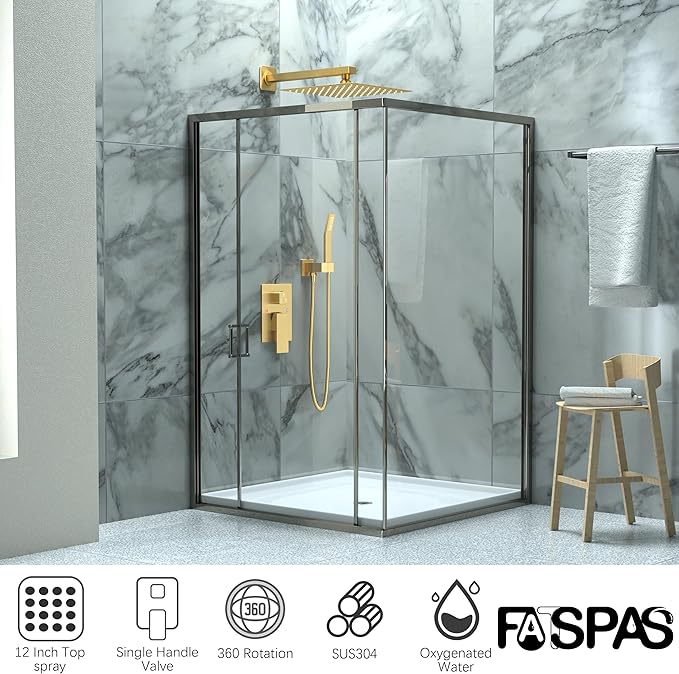 Shower Faucet Set, Shower System with 12 Inch Rain Showerhead and Handheld Shower, Wall Mounted High-Pressure Showerhead Combo Set Included Valve and Trim, Brushed Gold