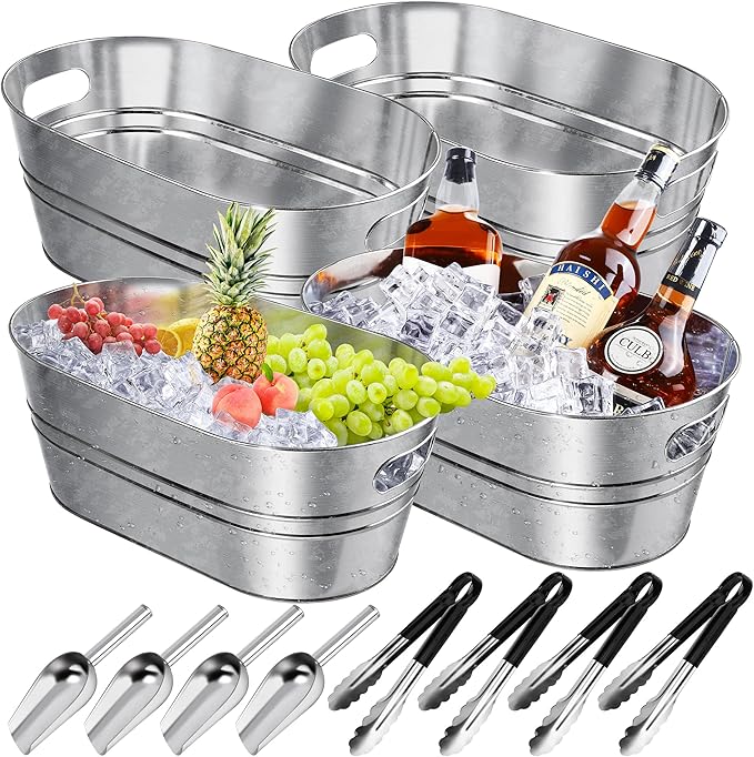 4 Pieces Galvanized Metal Drink Cooler Beverage Tubs Insulated Drink Tub with 4 Ice Scoop and 4 Stainless Steel Tongs 4 Gallons Beverage Ice Tubs for Summer Parties