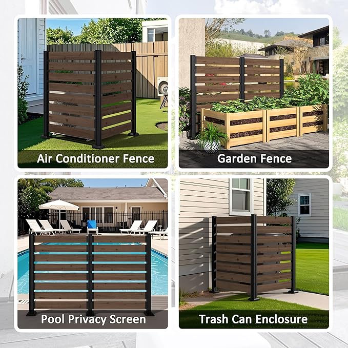 78” W x 48” H Wooden Air Conditioner Fences for Hard Ground & Soft Ground, 2 Outdoor Garden Fences, Privacy Screen Panels with Aluminum Stakes, Trash Can Pool Equipment Enclosure, Brown
