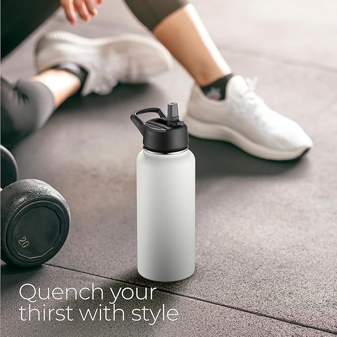 SipX™ Triple-Insulated Stainless Steel Water Bottle 32oz. With 3 Lids, BPA-Free Reusable Insulated Water Bottle Keeps Cold 24 Hours, Metal Water Bottle Made Of Sustainable Material For Hiking & Biking